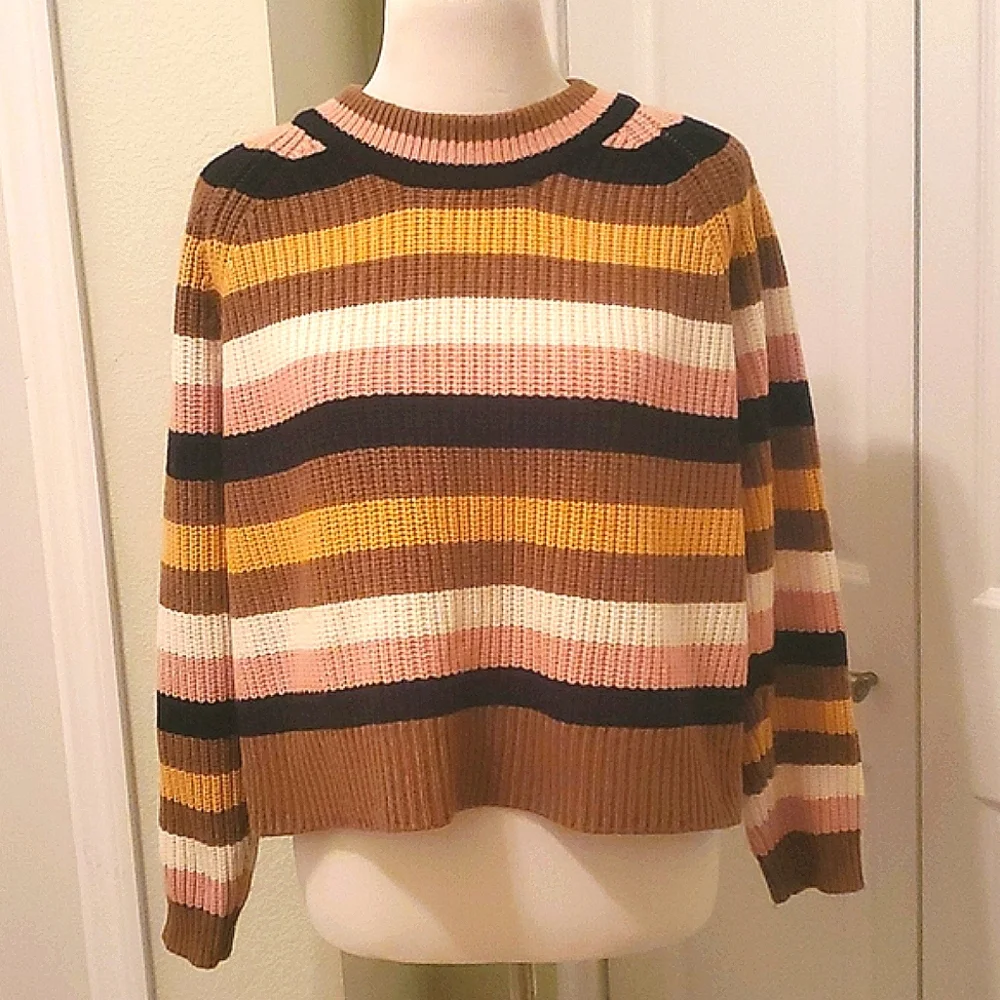 MADEWELL Tilden Brown Pink Cream Striped Merino Wool Knit Sweater Small